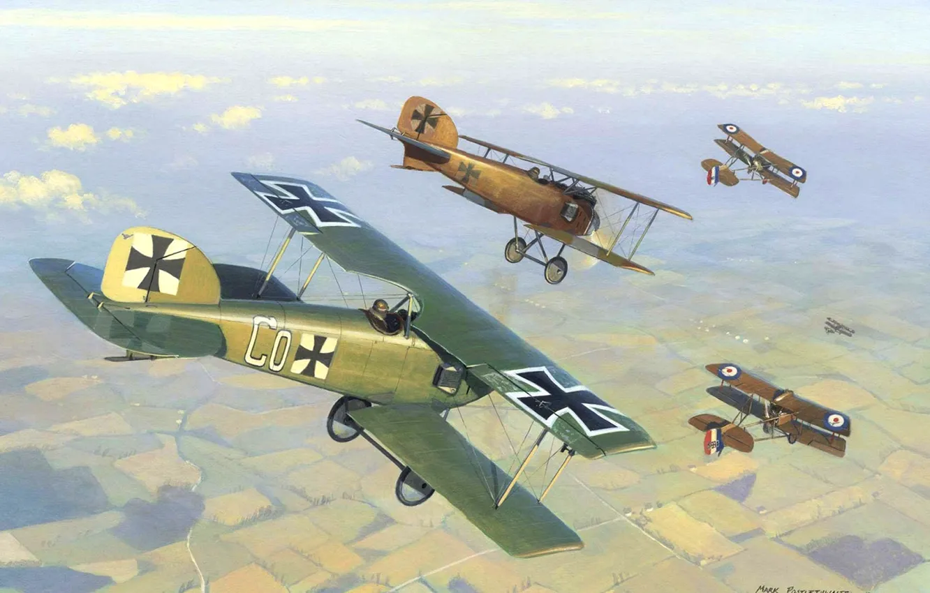 Photo wallpaper the sky, figure, art, front, aircraft, English, dogfight, German