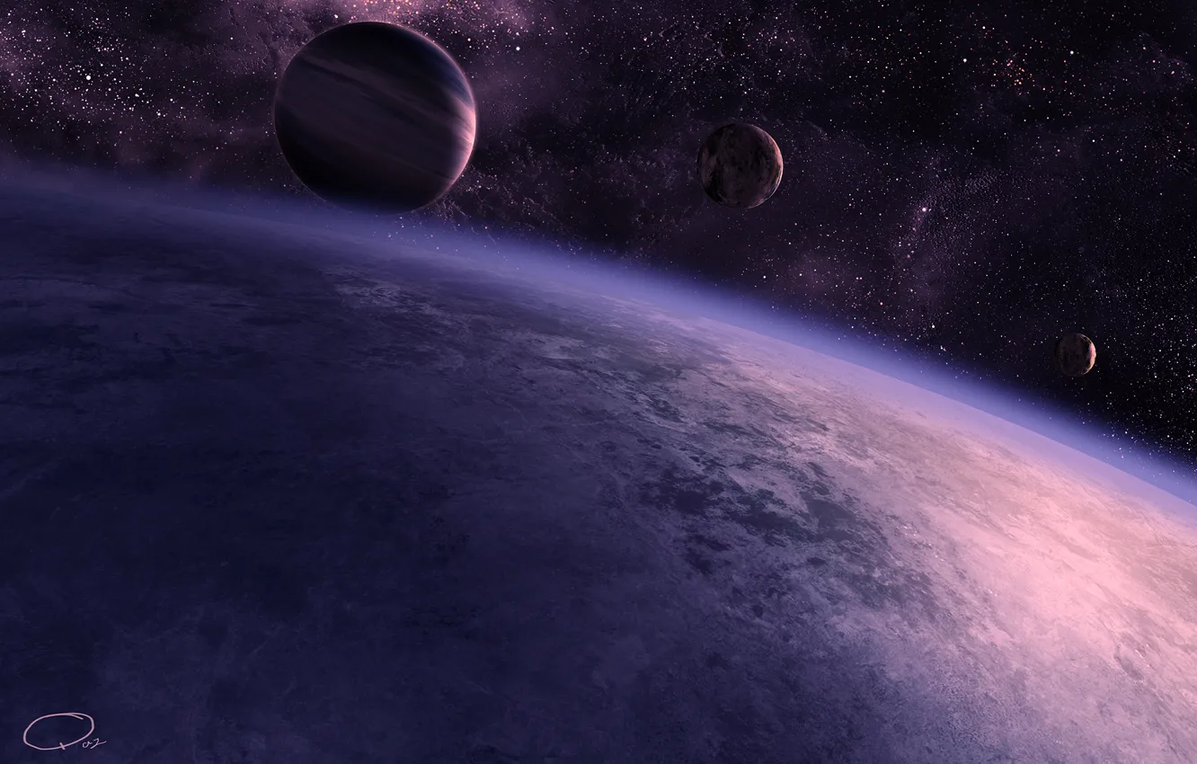 Photo wallpaper space, stars, planet, satellite, the atmosphere, art, QAuZ