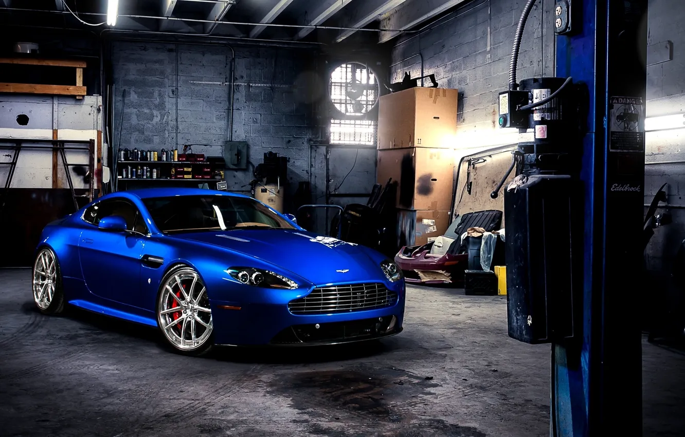 Photo wallpaper blue, Aston Martin, garage, Aston Martin, supercar, the front, Vantazh, Vantage S