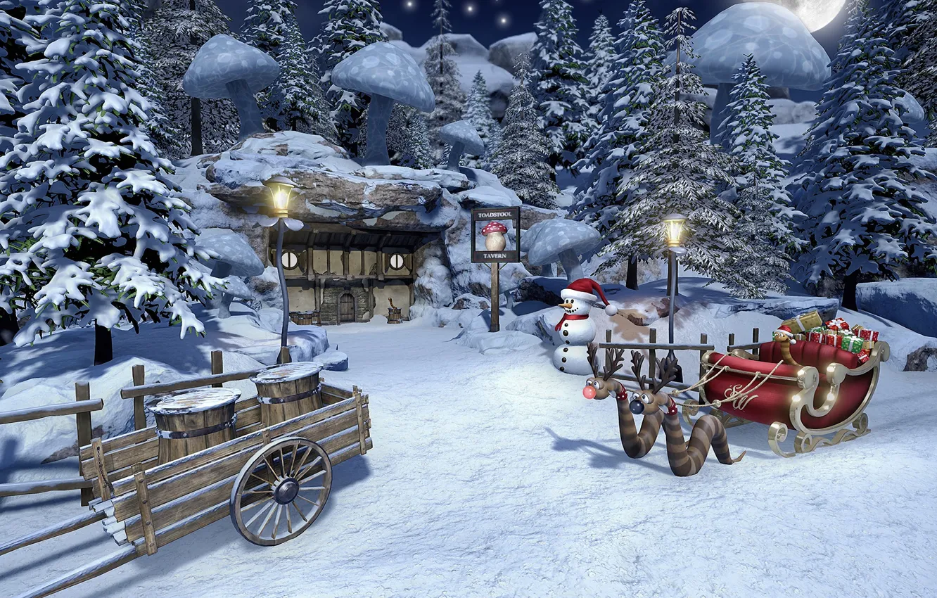 Photo wallpaper forest, snowman, sleigh, cart, Christmas in Mushroom Land