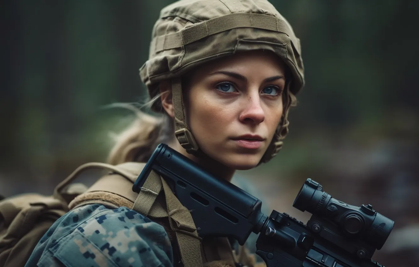Photo wallpaper look, girl, soldiers, helmet, sniper rifle, closeup, digital art, AI art
