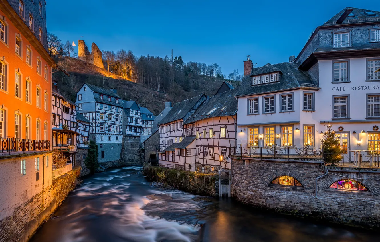 Photo wallpaper the city, river, home, the evening, Germany, lighting, twilight, Monschau