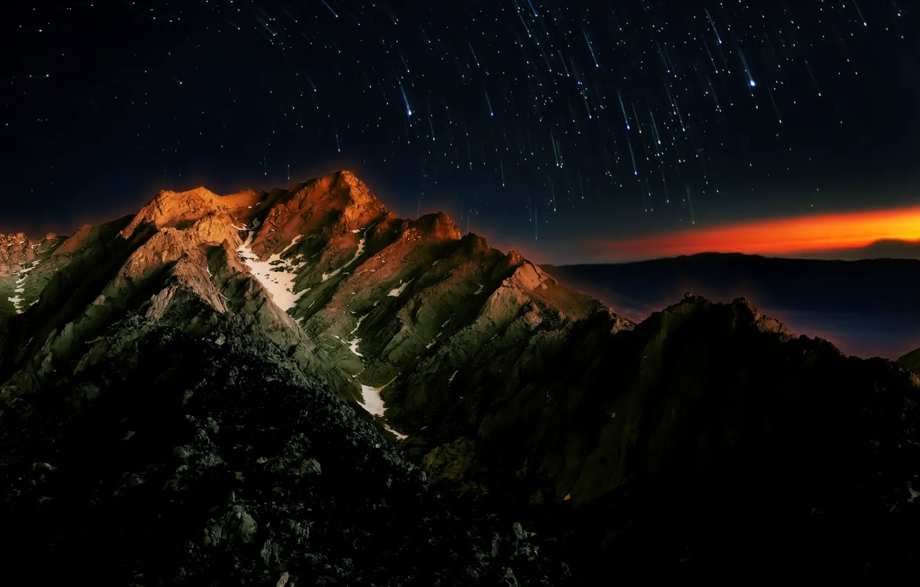 Photo wallpaper the sky, stars, mountains, night, Starfall