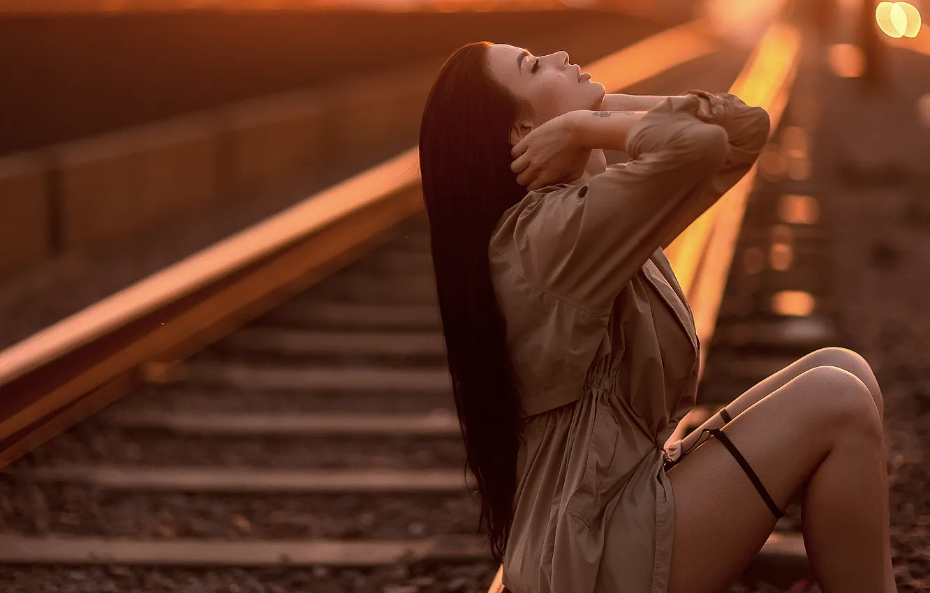 Photo wallpaper sunset, feet, rails, brunette, Karina, Victor Klyuchnikov