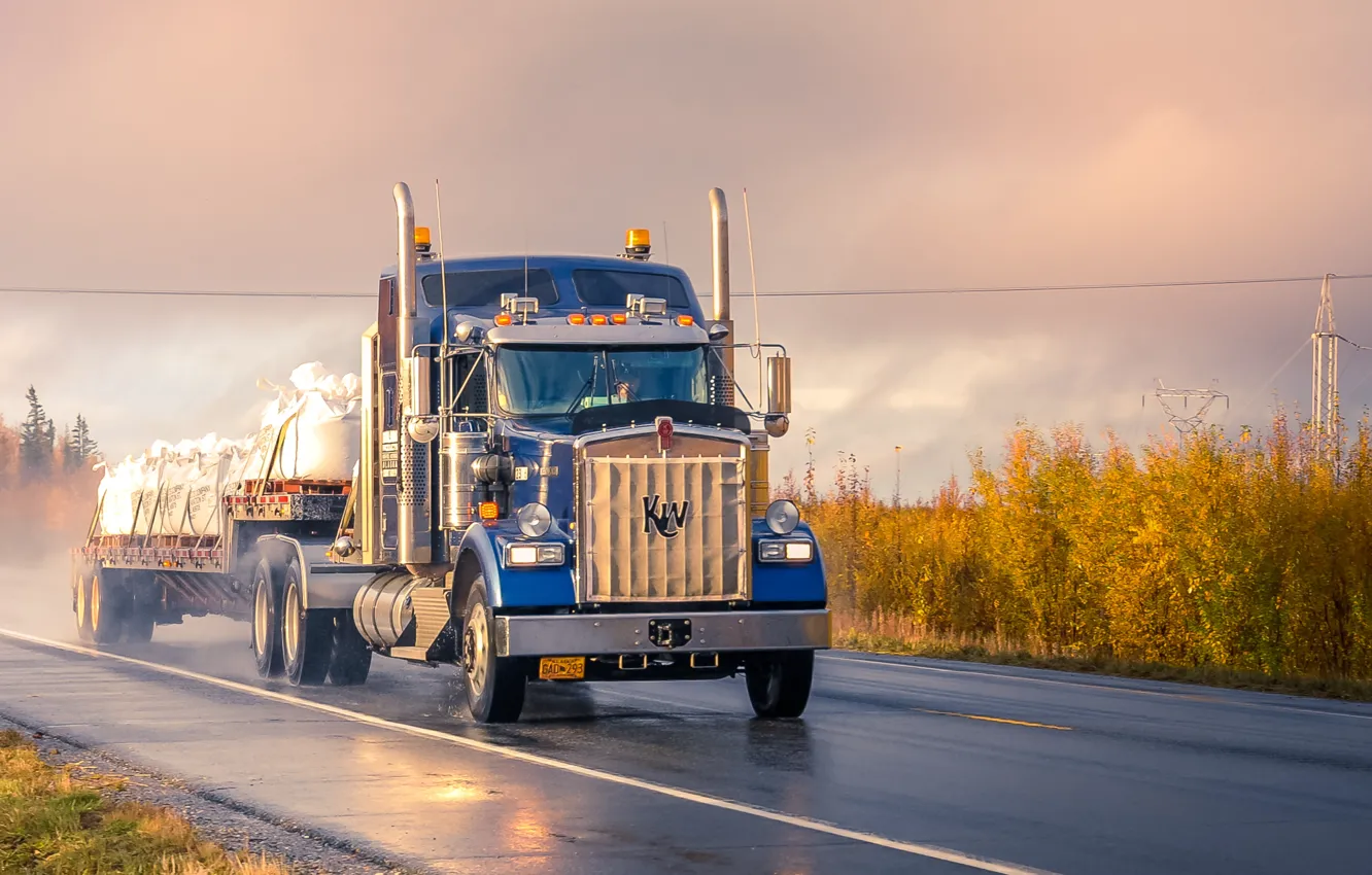 Photo wallpaper Clouds, Rain, Truck, Trailer, Kenworth, Field, Freight, Zetong Li