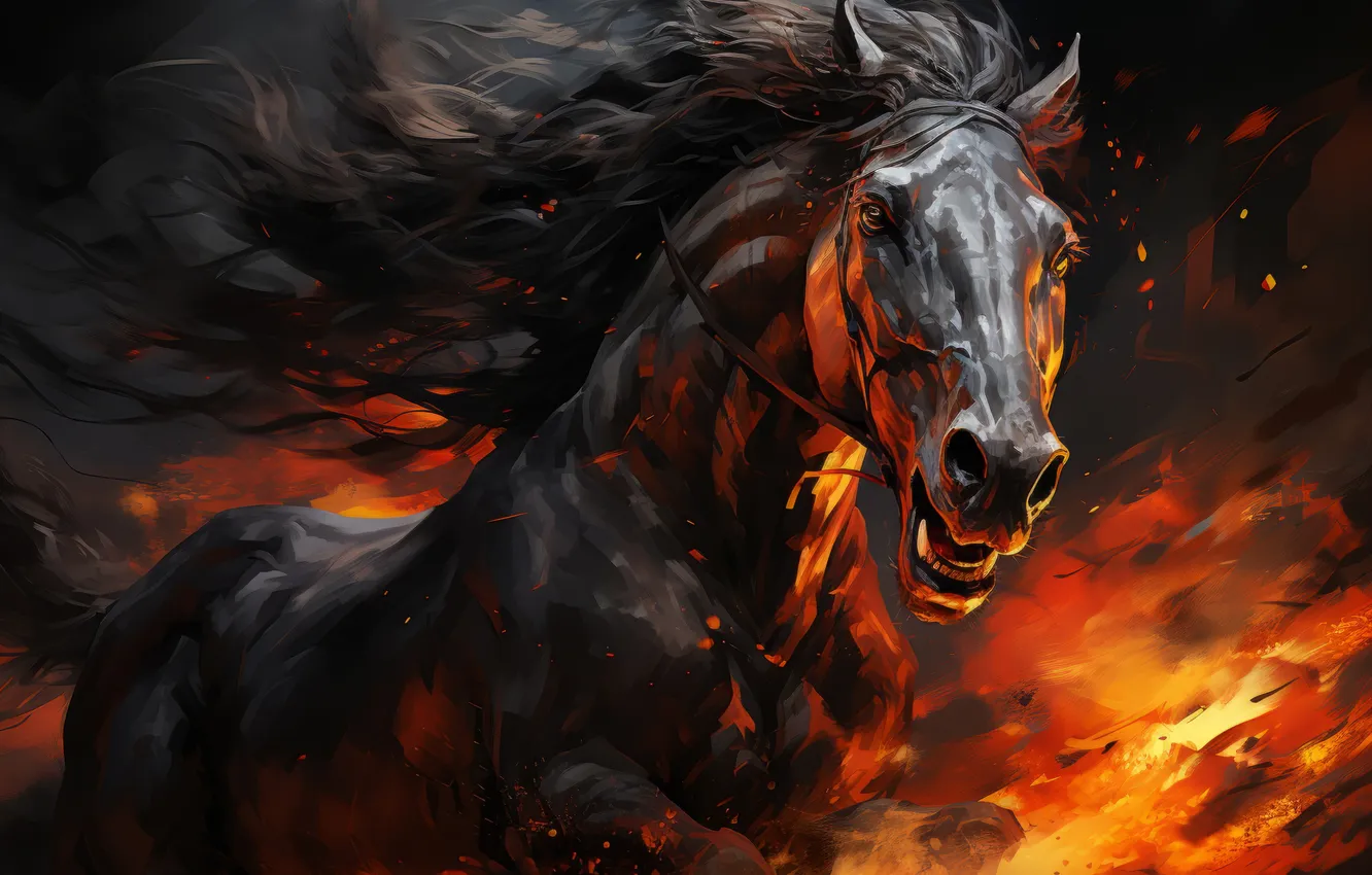 Photo wallpaper Horse, Smoke, Fire, Mane, Digital art, AI art, The Art of Artificial Intelligence, Neural network