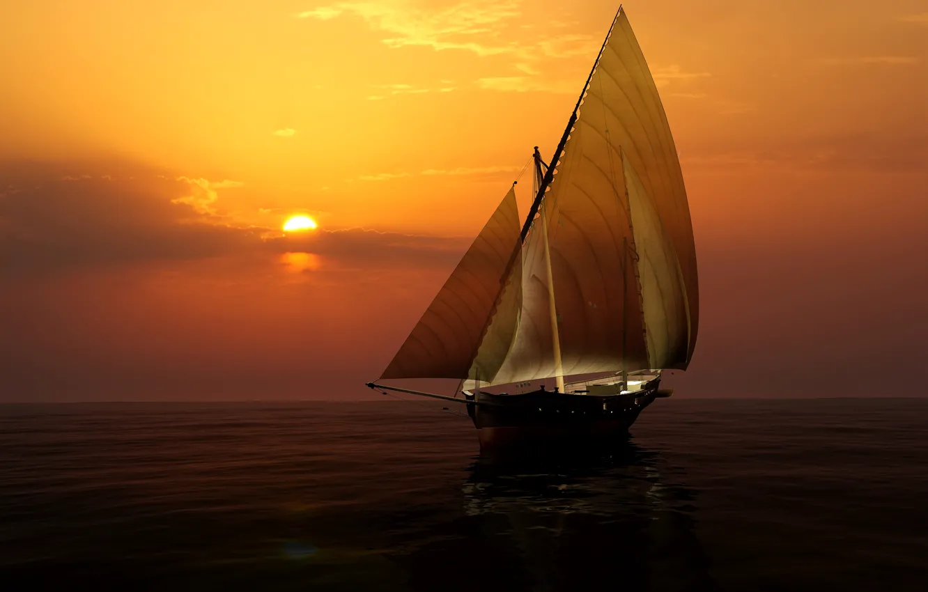Photo wallpaper sea, the sky, the sun, sunset, yacht, horizon, sail
