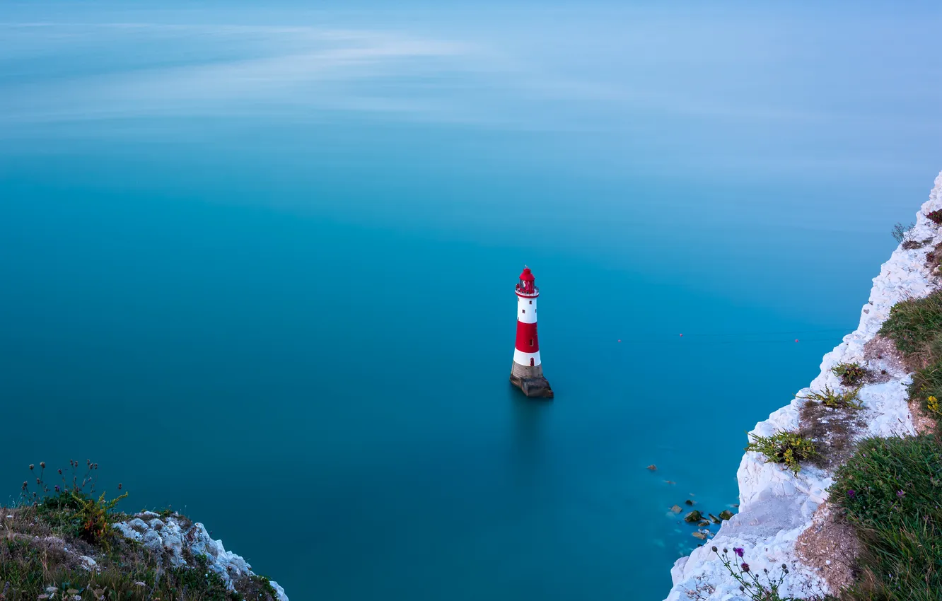 Photo wallpaper sea, red, blue, rocks, shore, lighthouse, blue background, the