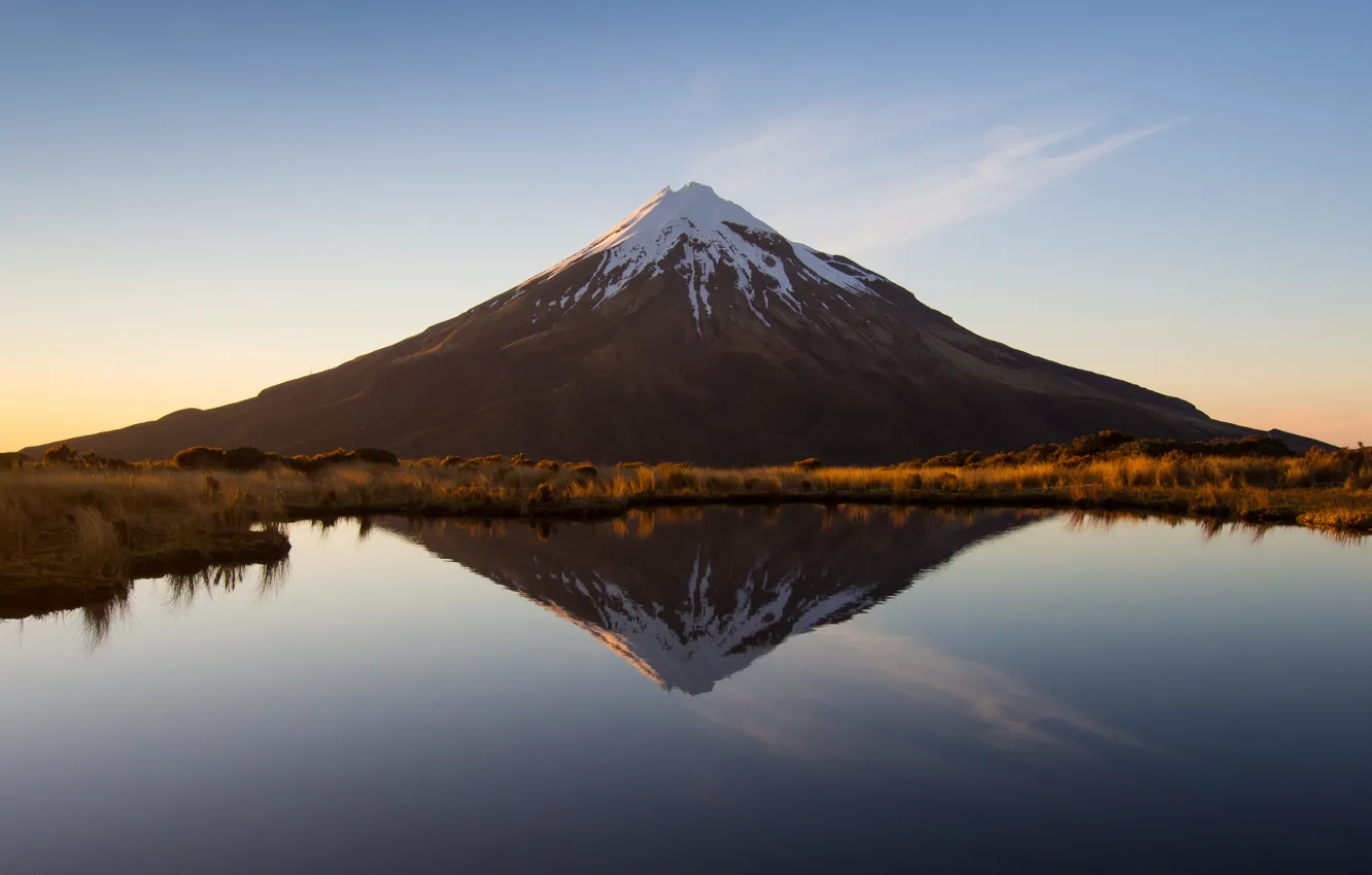 Photo wallpaper mountains, lake, reflection, the volcano, New Zealand, Taranaki