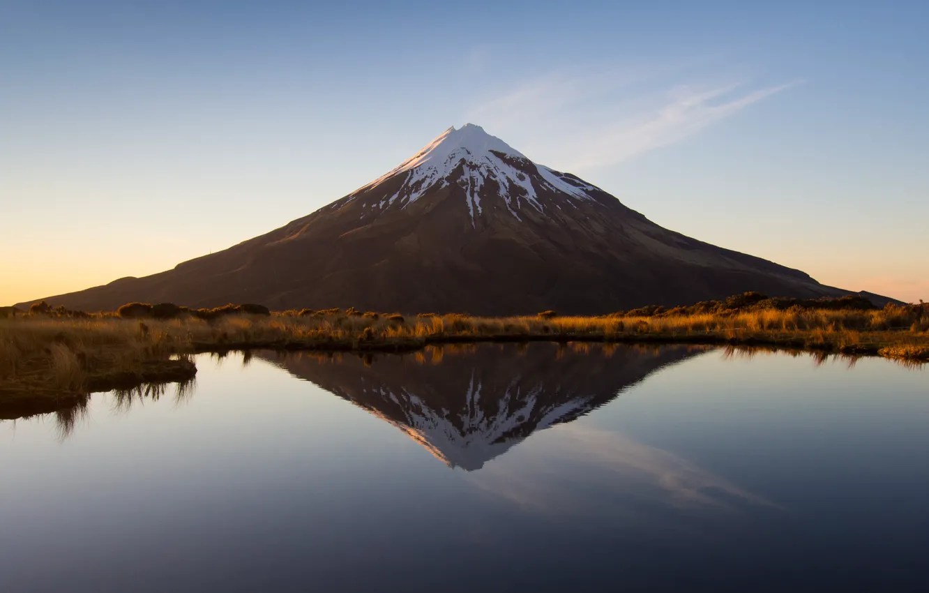 Photo wallpaper lake, reflection, mountain, the volcano, New Zealand, Taranaki