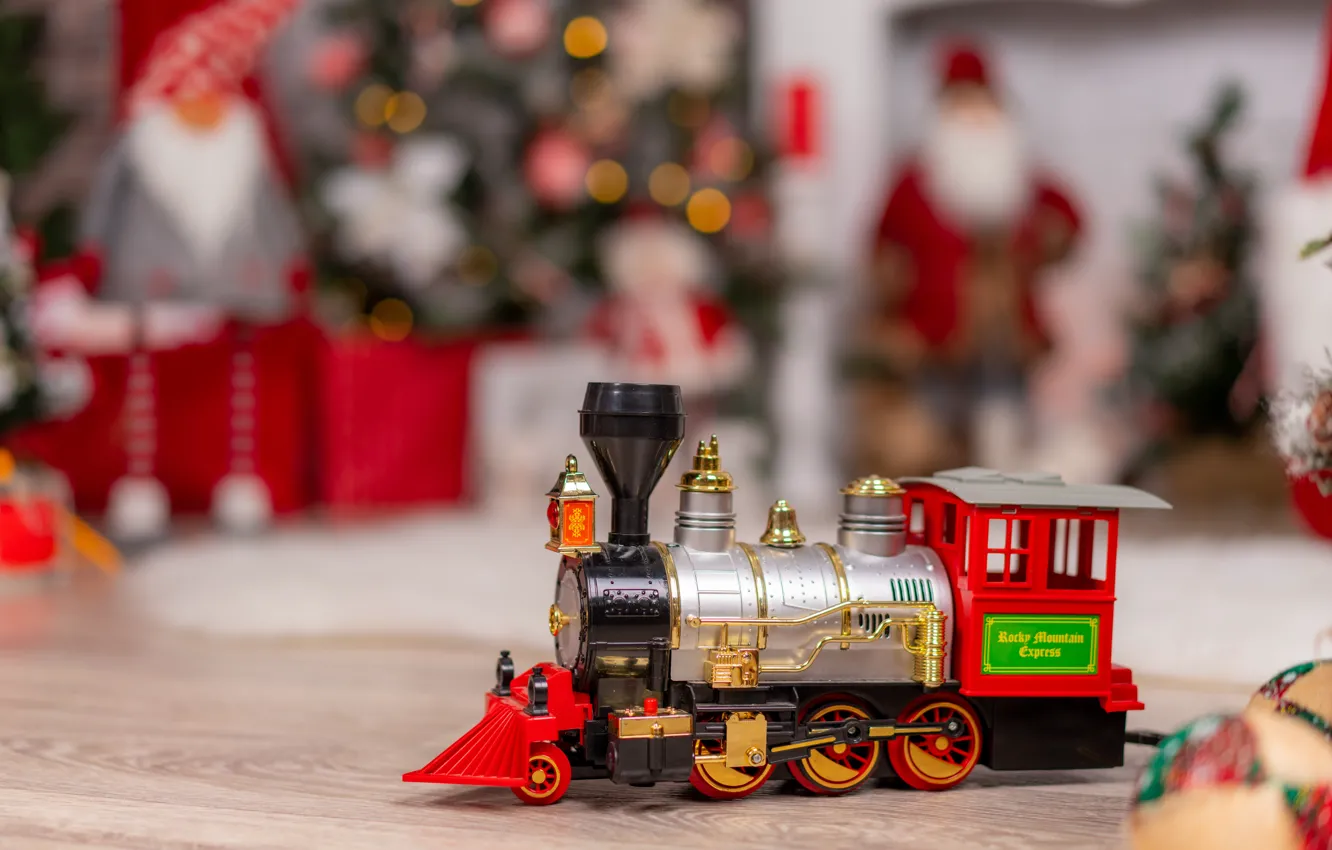 Photo wallpaper holiday, toy, Christmas, New year, train, bokeh, Christmas decorations, new year decorations