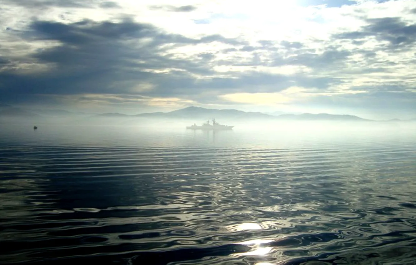 Photo wallpaper wave, clouds, fog, ship
