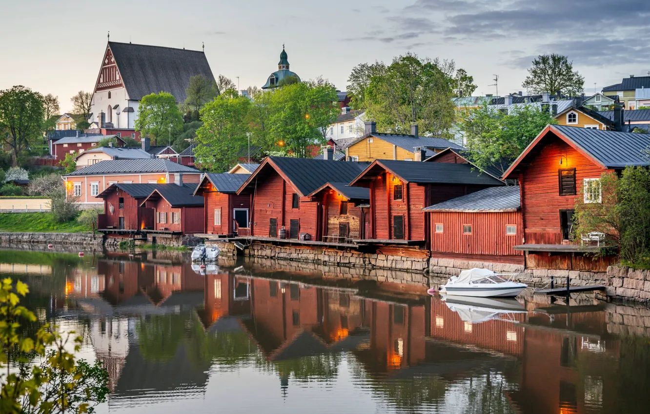 Photo wallpaper reflection, river, home, old town, Finland, Finland, Old Town, Porvoo