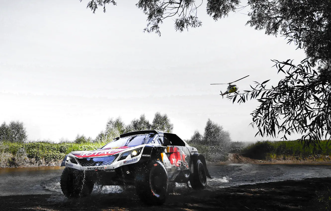 Photo wallpaper Sport, Speed, Helicopter, Race, Dirt, Peugeot, Lights, Red Bull