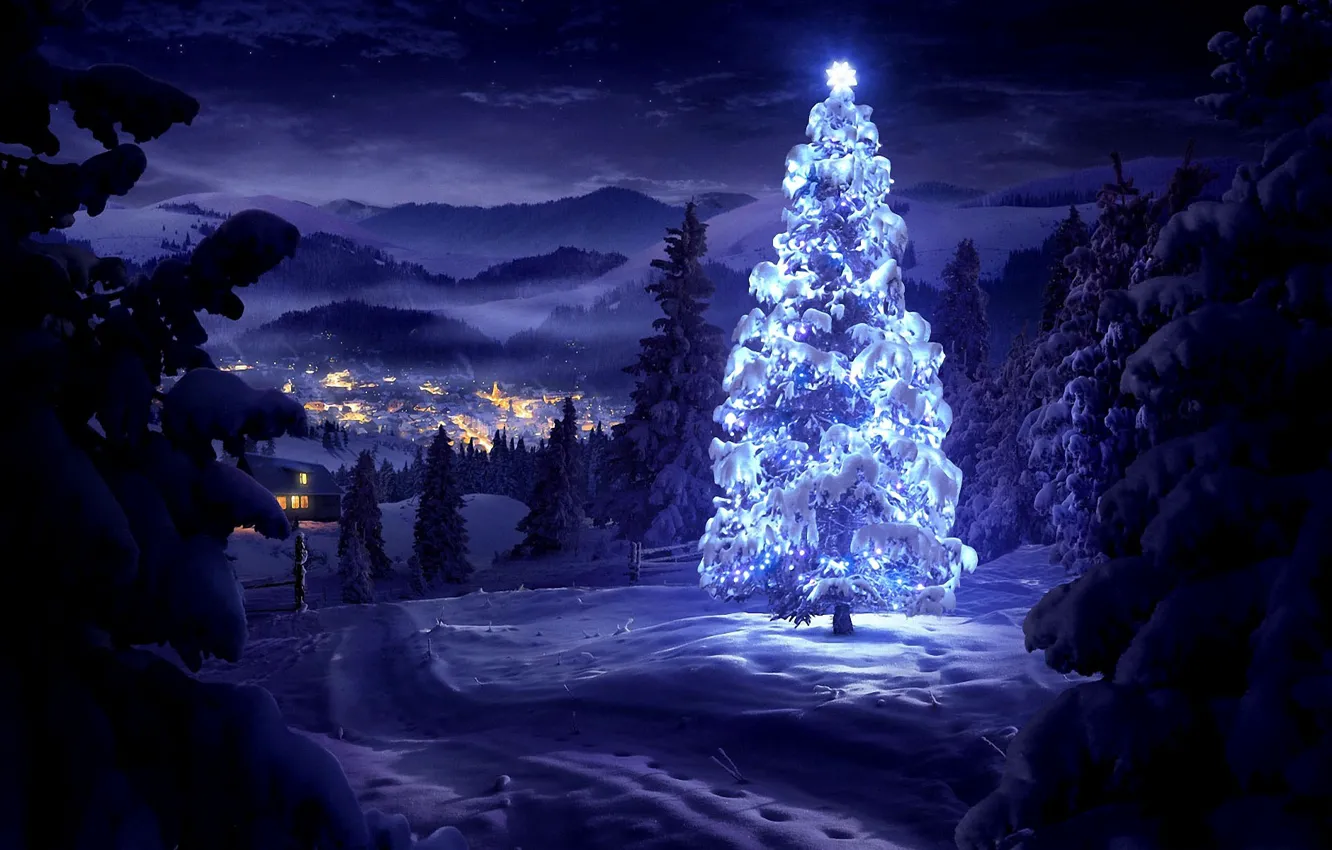 Photo wallpaper winter, snow, trees, landscape, mountains, night, nature, lights