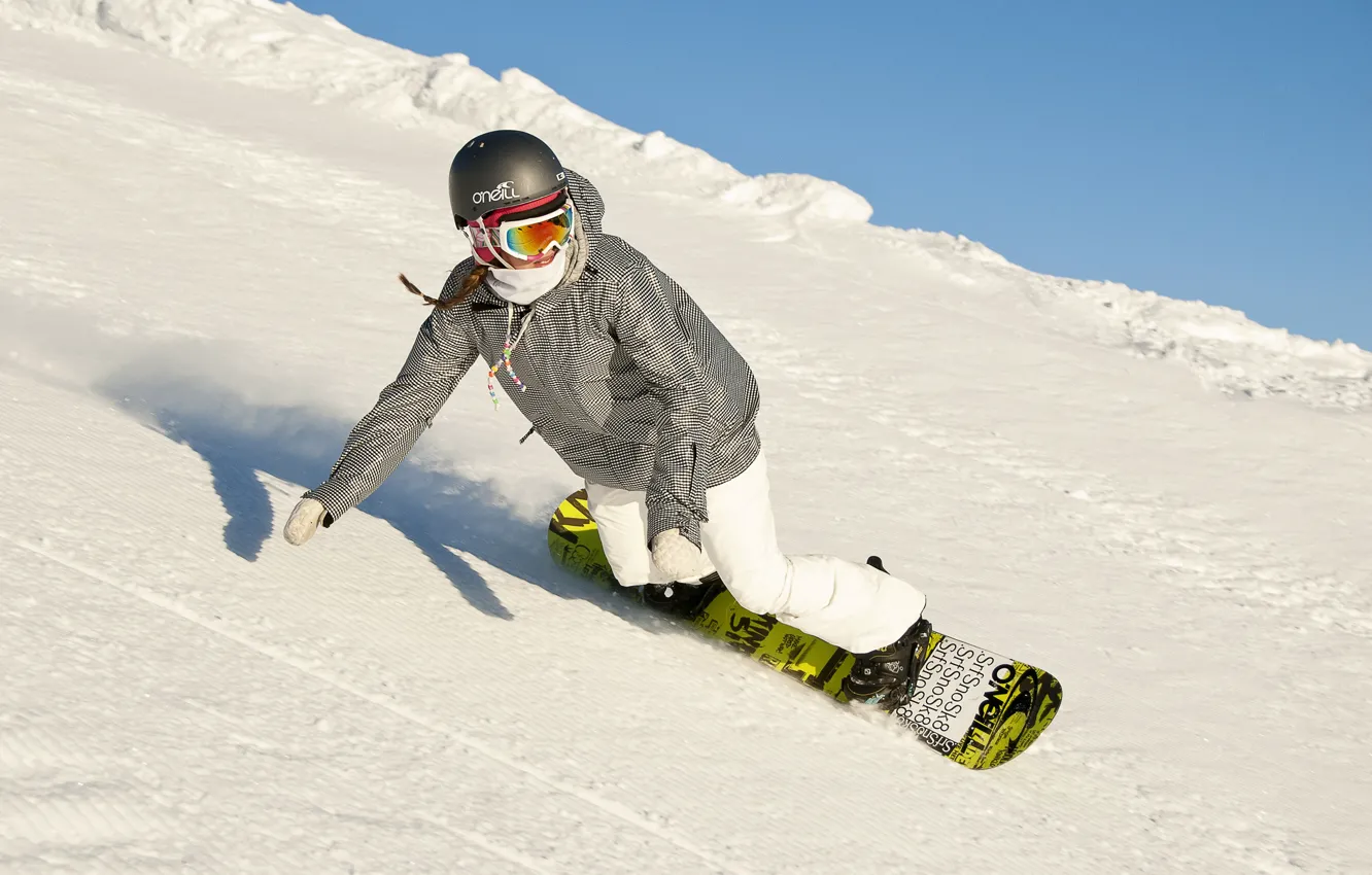 Photo wallpaper winter, girl, snow, mountains, snowboarding, the descent, snowboard, snowboarder