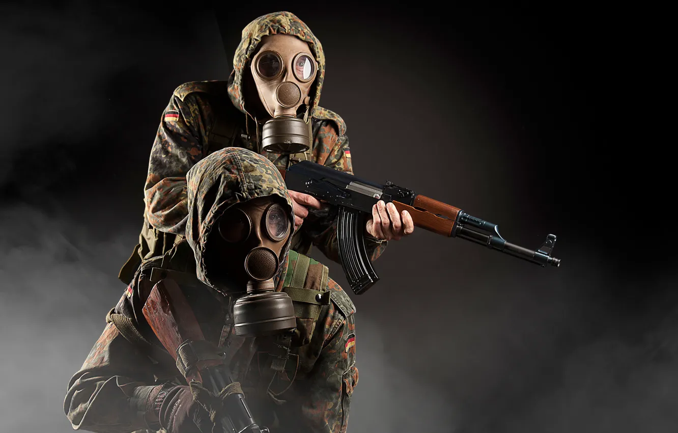 Photo wallpaper weapons, background, machine, soldiers, gas mask, camouflage