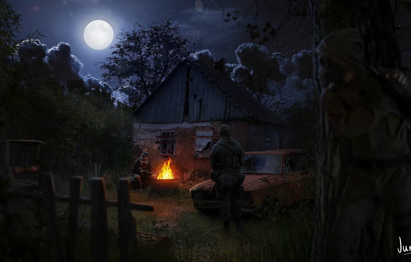 Photo wallpaper night, the moon, the fire, Stalker, Stalker, art