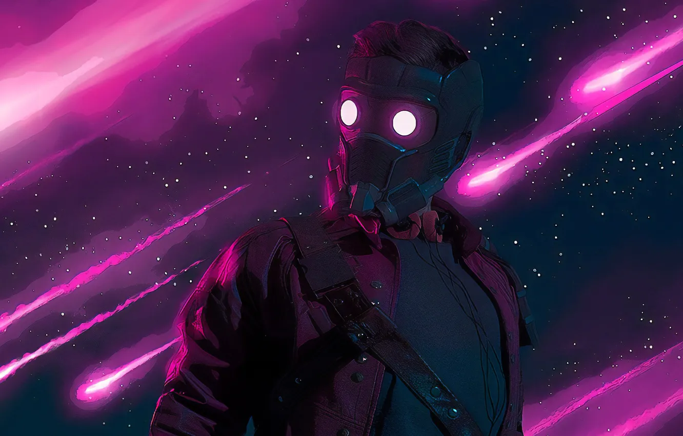 Photo wallpaper stars, purple, digital art, Marvel Comics, artwork, mask, shooting stars, Star-Lord