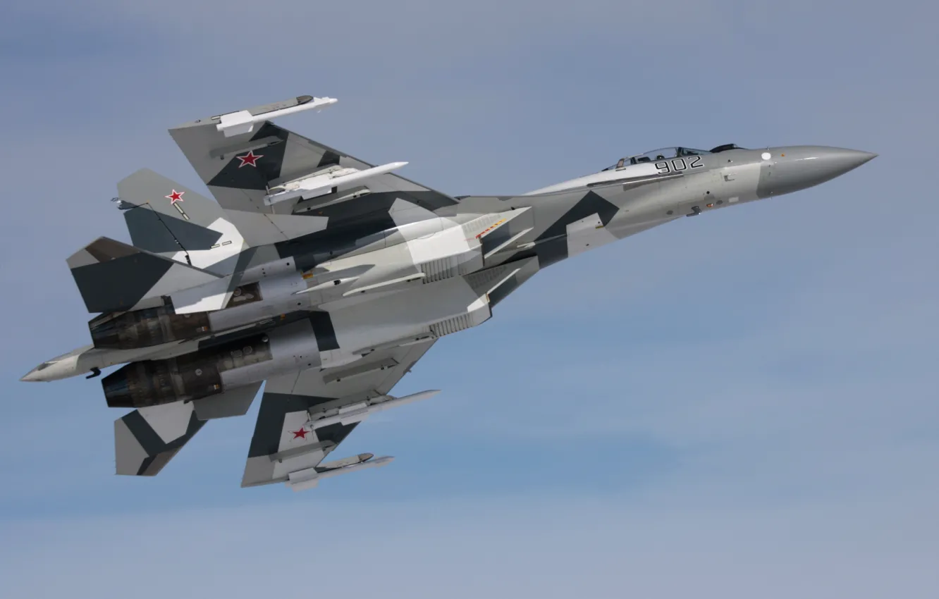 Photo wallpaper the sky, grey, fighter, bomber, multipurpose, super-maneuverable, su 35, Sukhoi