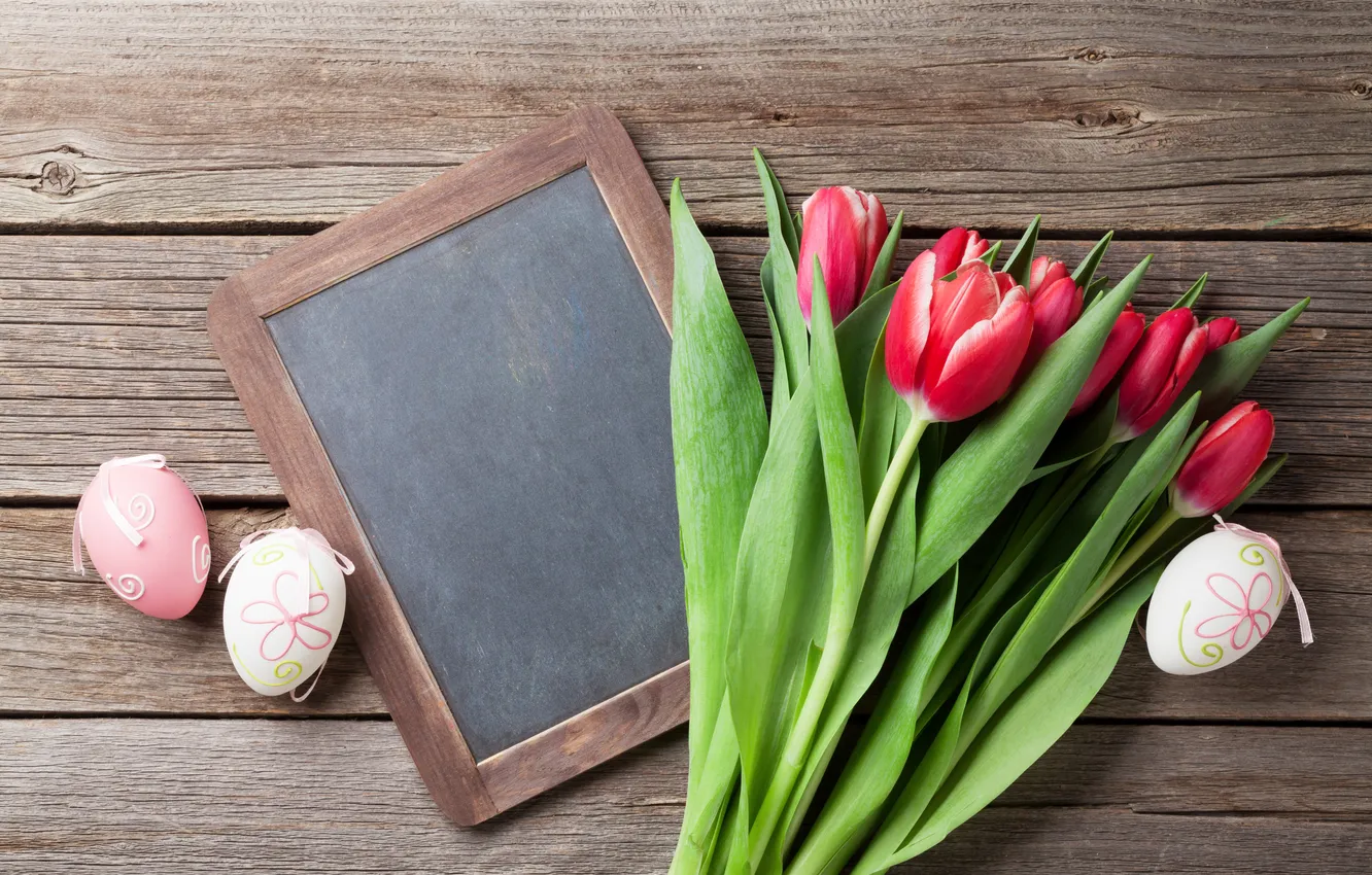 Photo wallpaper flowers, Board, eggs, spring, colorful, Easter, tulips, red