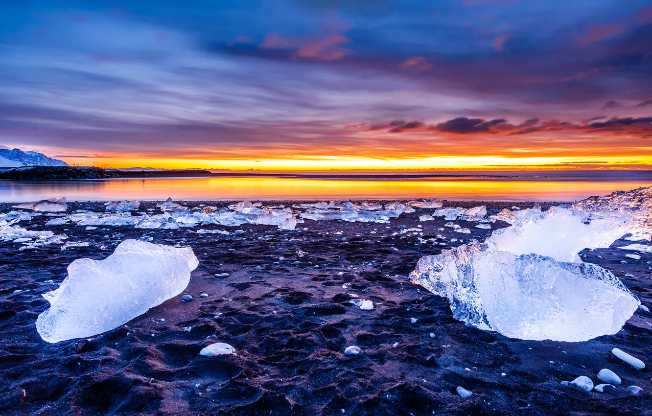 Photo wallpaper ice, winter, the sky, clouds, landscape, sunset, blue, stones