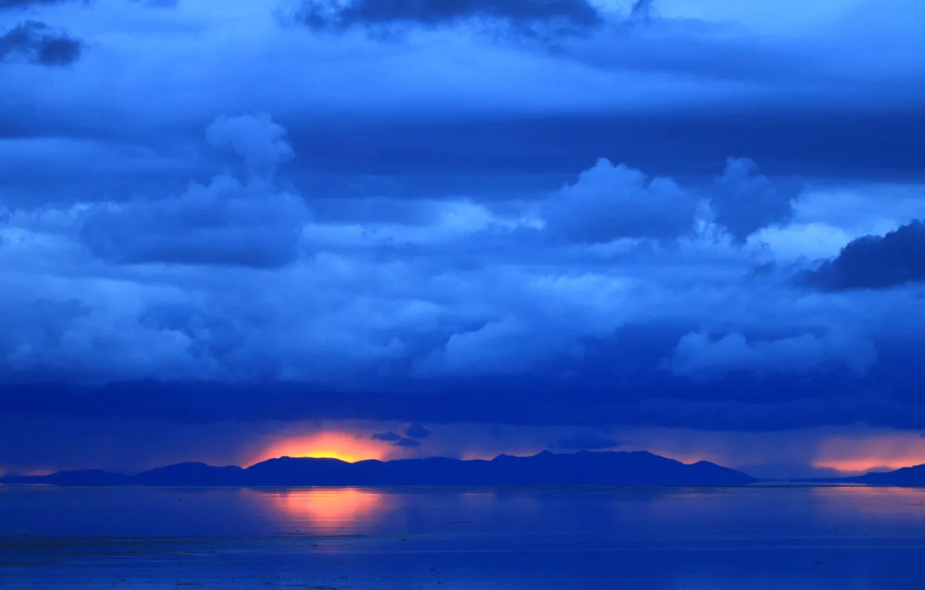 Photo wallpaper sunset, mountains, lake, glow, Utah, USA, Antelope Island State Park