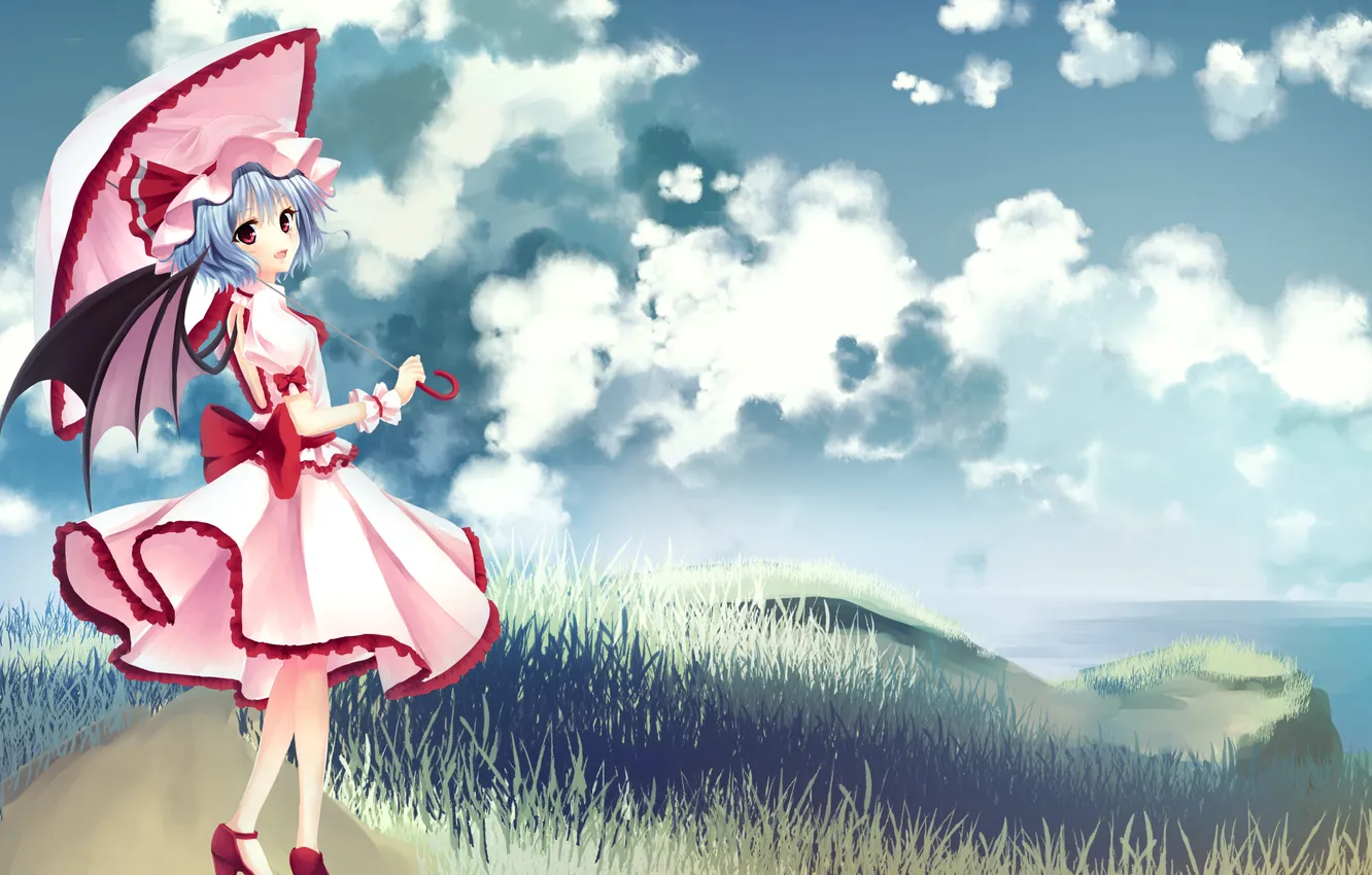 Photo wallpaper sea, look, girl, joy, umbrella, the demon, touhou, art