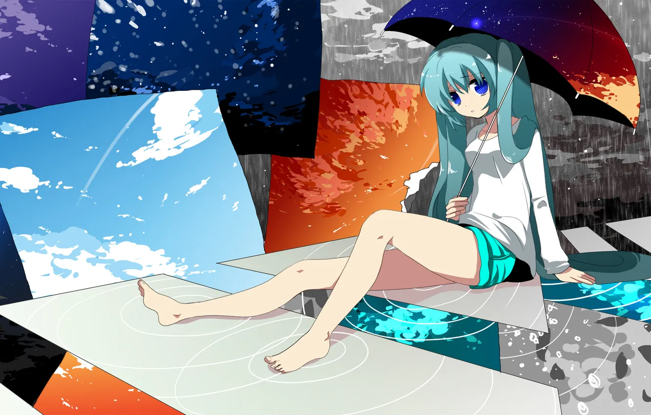 Photo wallpaper look, girl, pose, umbrella, vocaloid, hatsune miku, sitting, Vocaloid