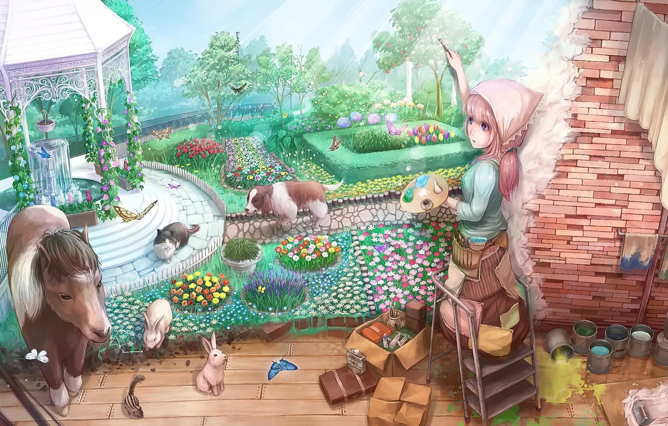 Photo wallpaper girl, animal, butterfly, paint, surprise, picture, artist