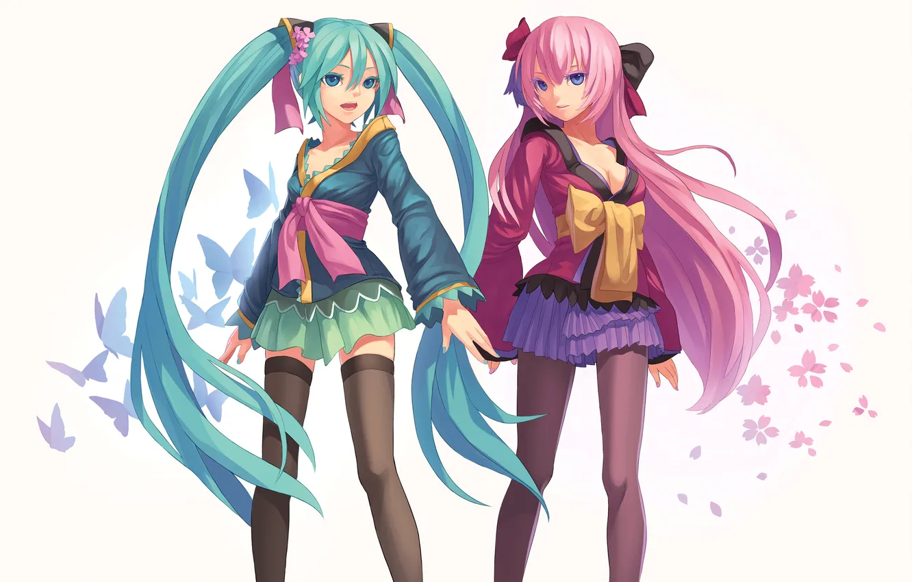 Photo wallpaper girl, flowers, abstraction, butterfly, two, white background, vocaloid, hatsune miku