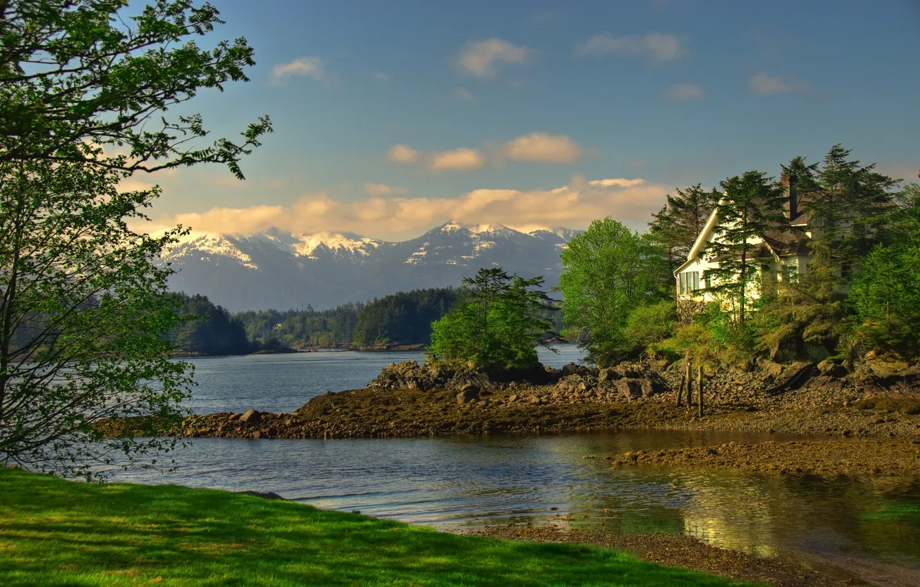 Photo wallpaper forest, mountains, Bay, Alaska, beautiful, the village, blue clouds covered, Sitka
