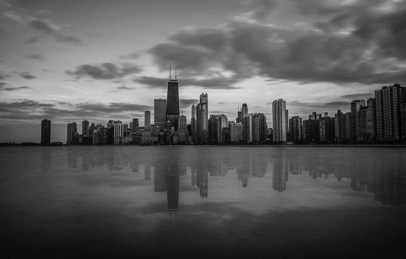 Photo wallpaper the sky, reflection, building, skyscrapers, Chicago, black and white, USA, USA