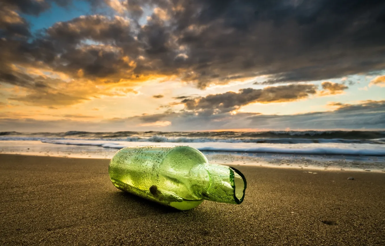 Photo wallpaper sand, sea, beach, dawn, coast, bottle