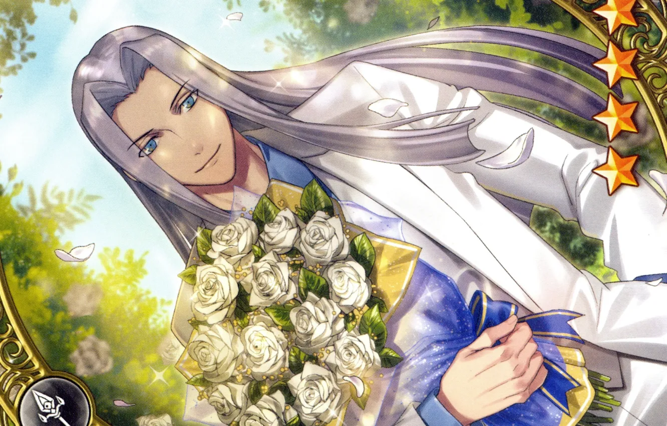 Photo wallpaper guy, blue eyes, long hair, Sunny day, white suit, a bouquet of roses, by Chinatsu …