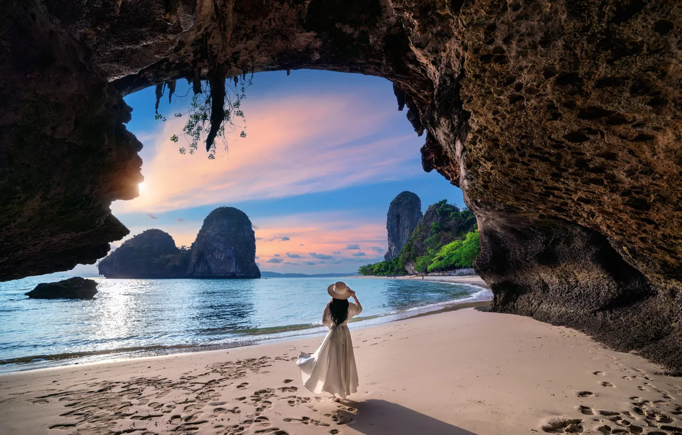Photo wallpaper sea, beach, girl, nature, rocks, hat, cave