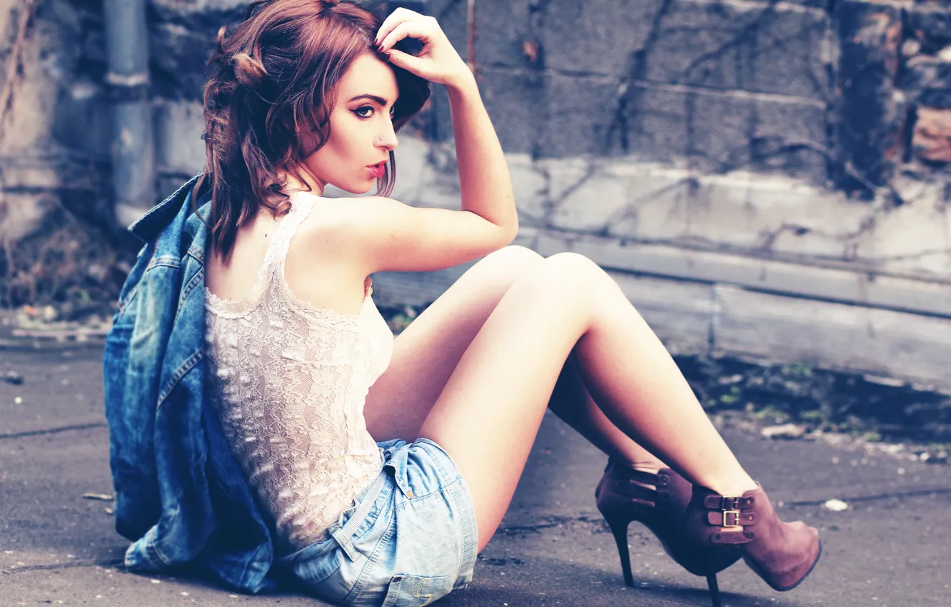 Photo wallpaper girl, pose, street, shorts, hairstyle, sitting