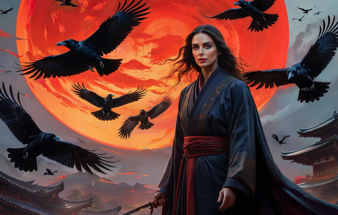 Photo wallpaper girl, Asia, crows, orange sun