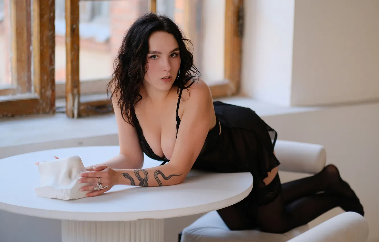 Photo wallpaper chest, look, girl, pose, stockings, hands, brunette, tattoo