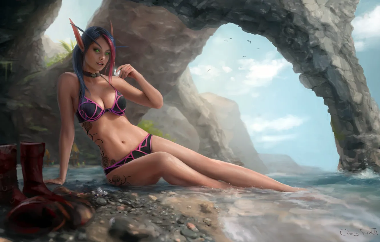 Photo wallpaper chest, girl, feet, shore, body, World of Warcraft, ears, Warcraft