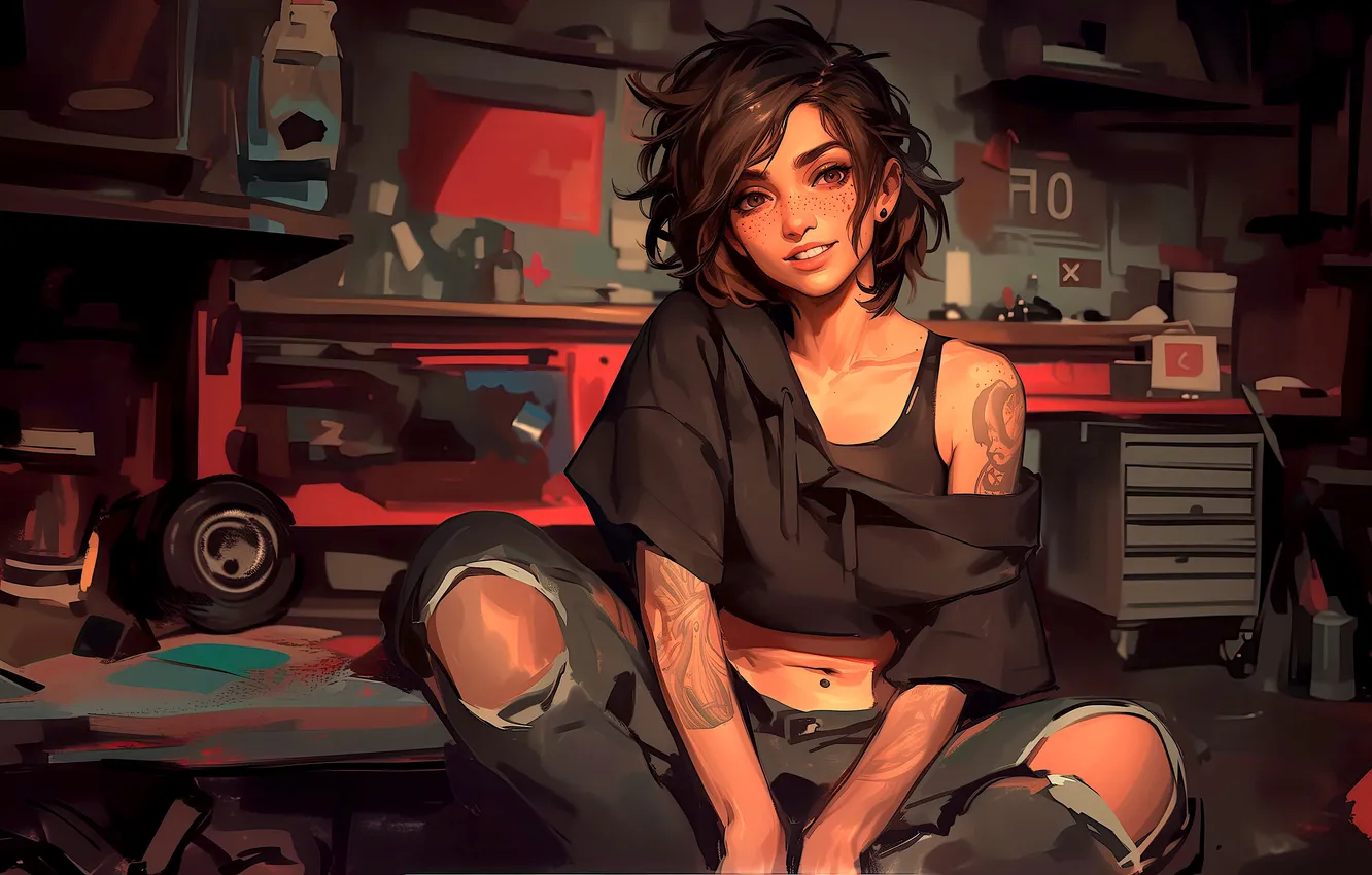 Photo wallpaper Girl, brown eyes, tattoo, garage, brunette, digital art, artwork, table