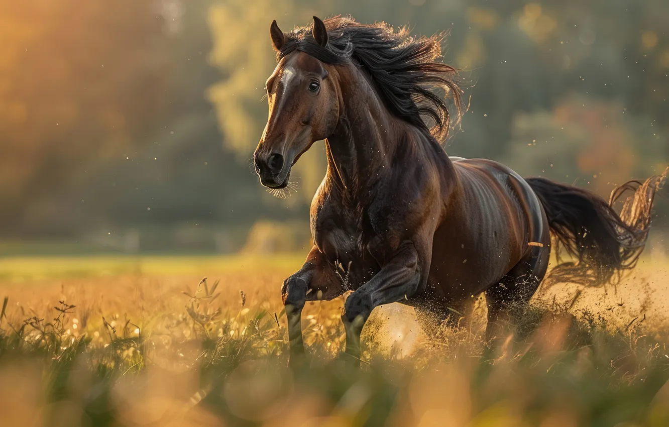 Photo wallpaper field, grass, look, face, light, horse, horse, running