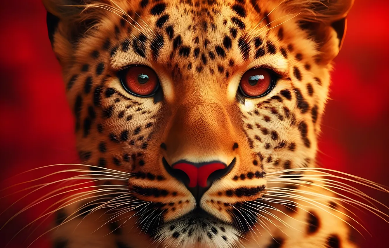 Photo wallpaper face, portrait, leopard, red background, AI art, neural network