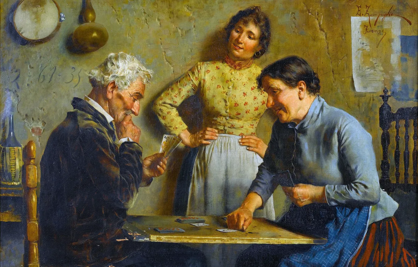 Photo wallpaper The game, Card, Picture, Women, The old man, Three, Eugenio Zampighi, Italian painter