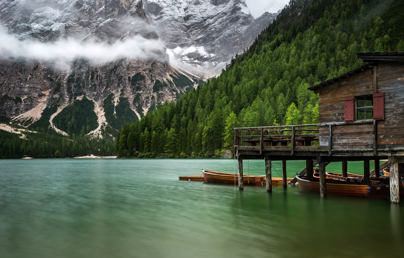 Photo wallpaper forest, trees, mountains, lake, rocks, boats, pier, Italy