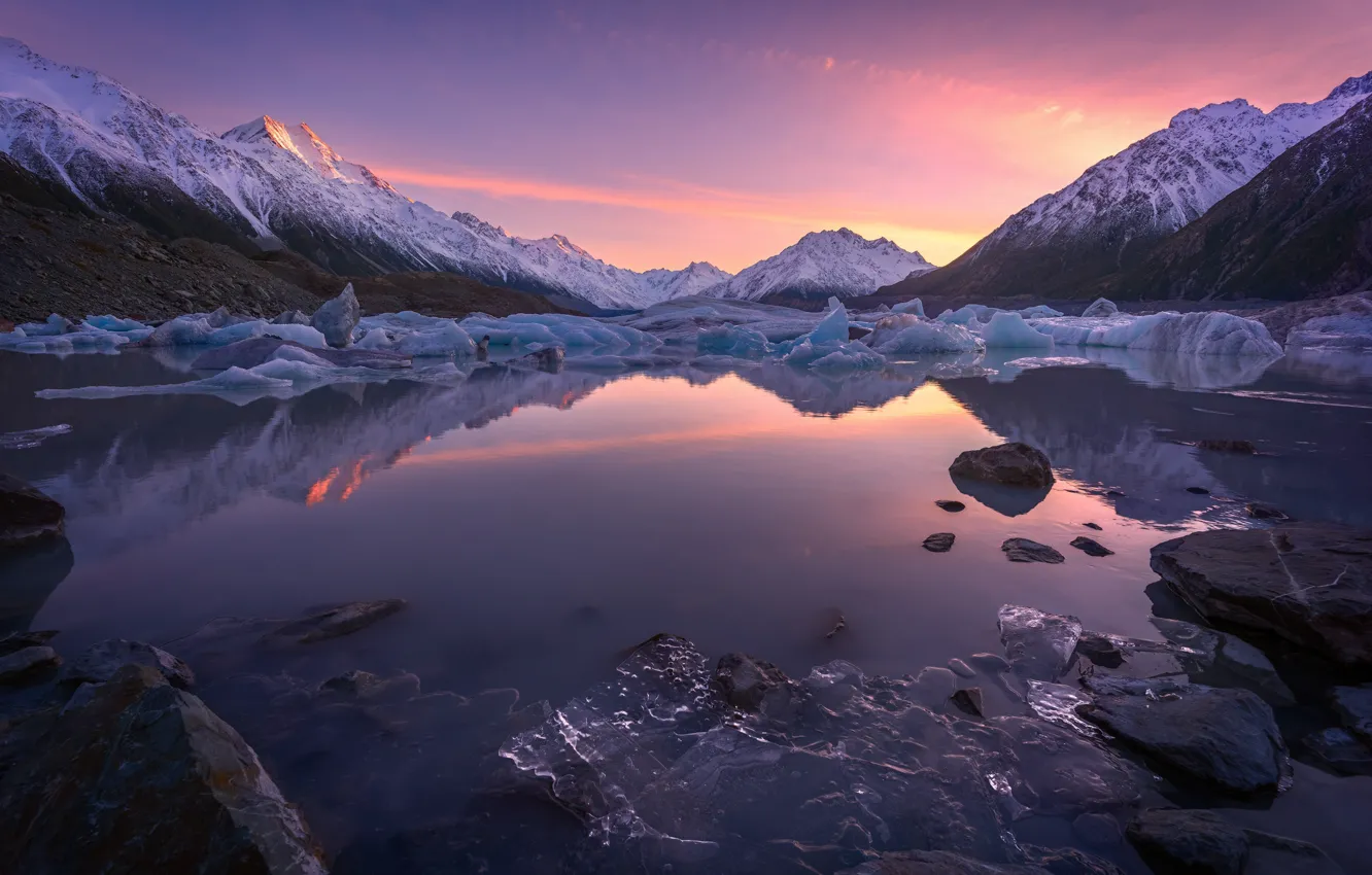 Photo wallpaper ice, winter, clouds, light, snow, landscape, sunset, mountains