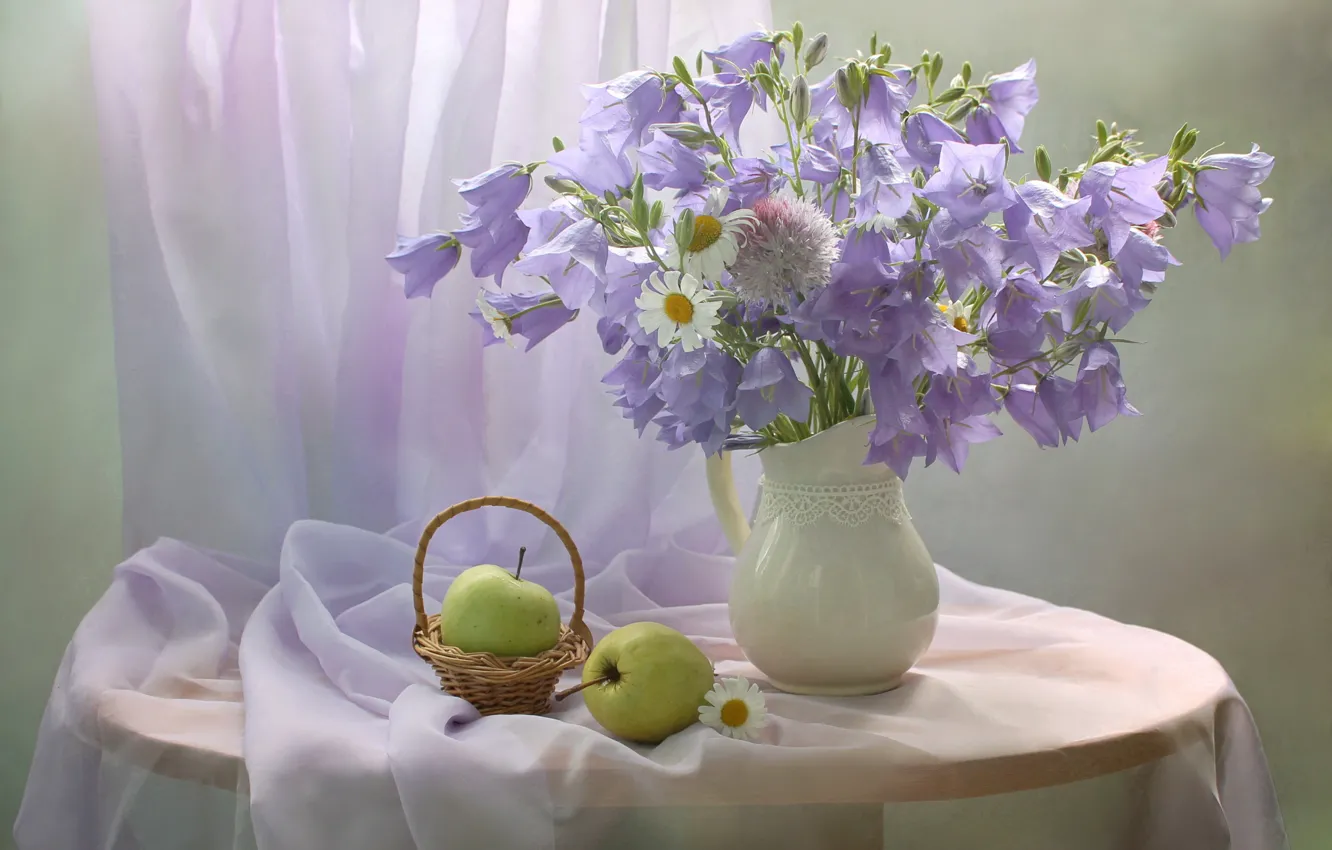 Photo wallpaper flowers, table, apples, chamomile, curtains, vase, still life, bells