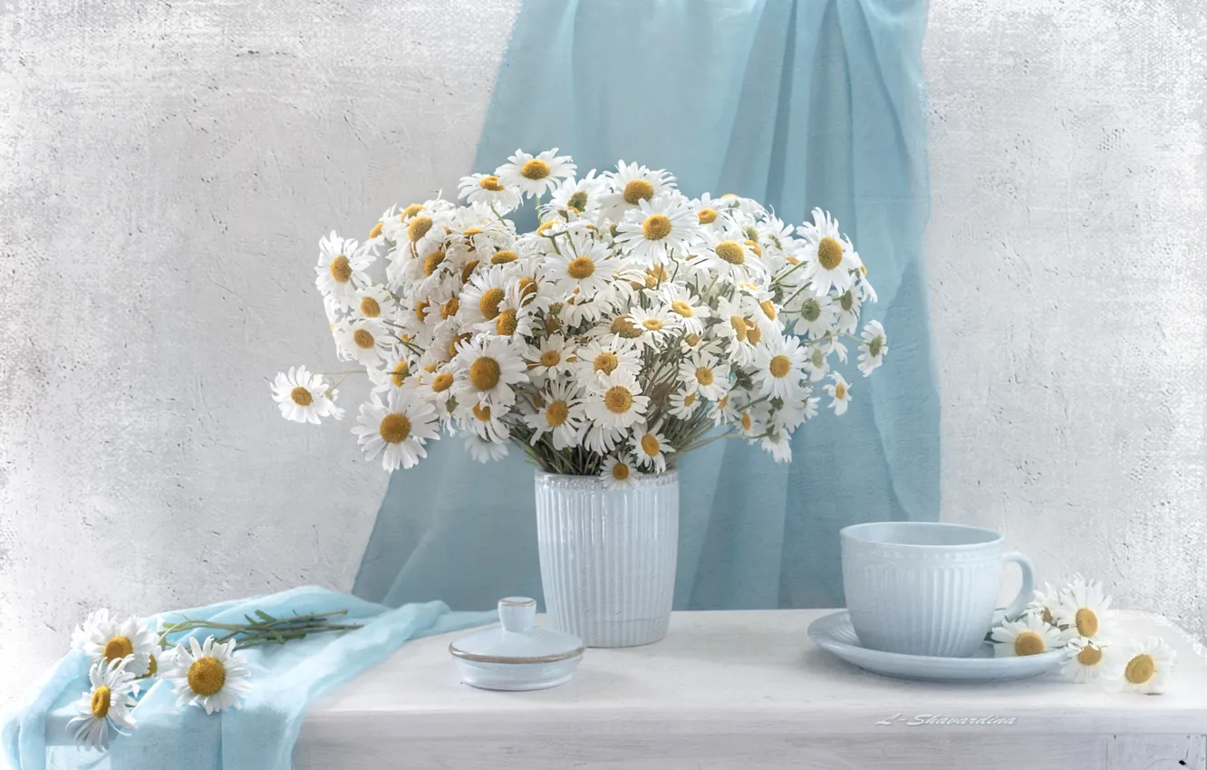 Photo wallpaper chamomile, bouquet, Cup