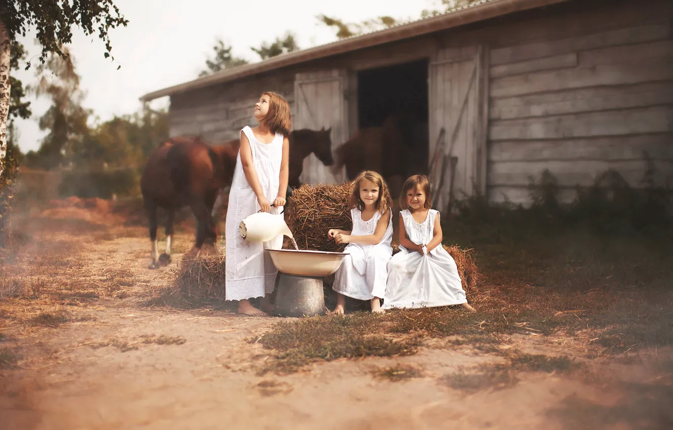 Photo wallpaper summer, girls, hay, stable, summertime