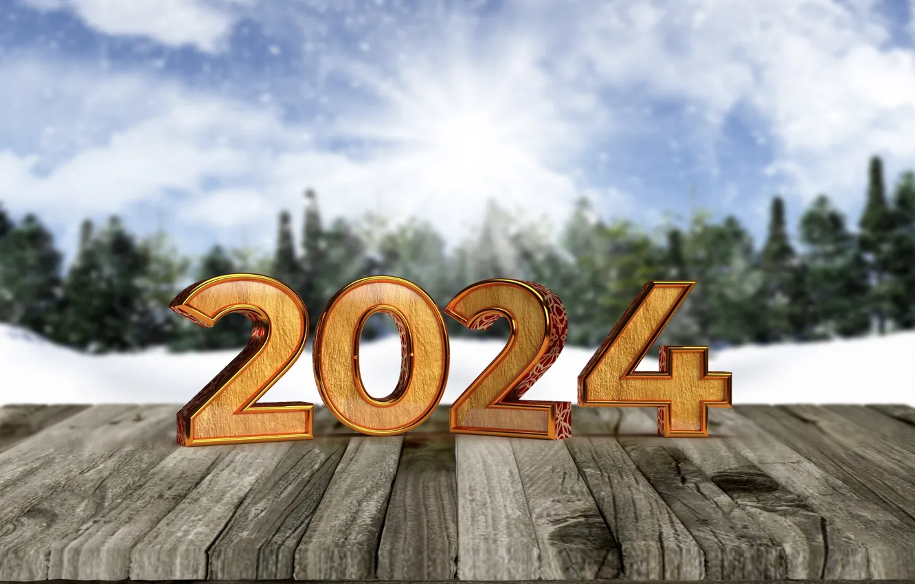 Photo wallpaper winter, snow, tree, new year, Christmas, figures, golden, Christmas